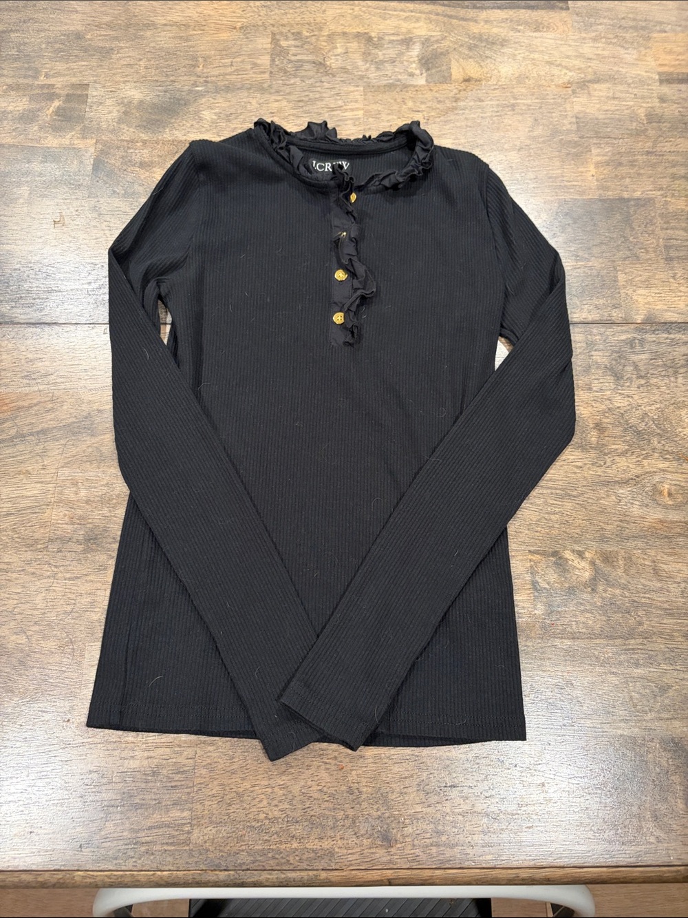 J. Crew Black Ribbed Long-Sleeve Henley with Ruffle Neckline